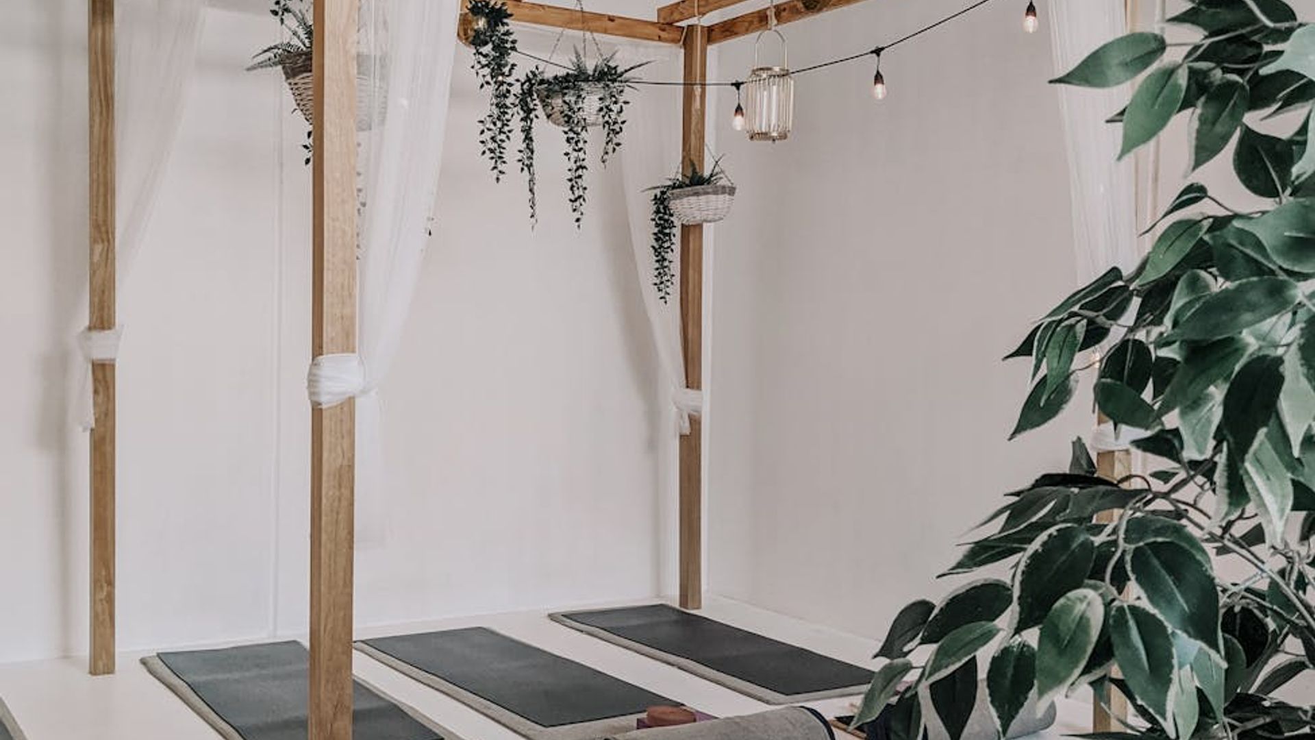 Serene yoga studio with soft blue lighting and mats.